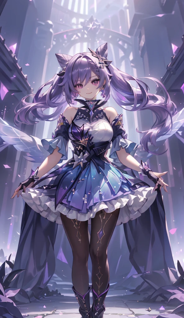 masterpiece, Highest quality, Very detailed, High resolution, An expensive solution, High resolution, masterpiece, depth, Fine texture, Highest quality, Total concentration, (very pretty anime Elf Girl), (Beautiful Gothic Elf Woman, Young Elves, Elf Girl, pretty girl, Young girl),Has horns on its headがある, Grin, smile, (A chic dress with beautiful details, Fluffy long sleeves, ), Purple eyes, Long eyelashes, Low angle shot、eyeliner, Tight waist, ( Purple Hair), (Light Hair, Long Hair), bangs, Gradient Hair), Shiny Hair,  Forest as a background, Fantasy art, 8k high quality detailed art, A fusion of realism and colorful fantasy, Gothic art style, Fantasy art style, a beautiful fantasy Young Elves, CGI anime Fantasy artwork, charm,  Seductive posture, Standing posture,Vibrant colors, 自信に満ちたsmile, gentle smile, Beautiful attention to detail, Beautiful lip detail, Very detailed目と顔, Long eyelashes, Vibrant colors, Professional, Very detailedな, Intricate details, Volumetric lighting, Lens flare, particle,(White and platinum color scheme), mysterious, mysteriousな.Has horns on its head,Standing posture、Low angle shot