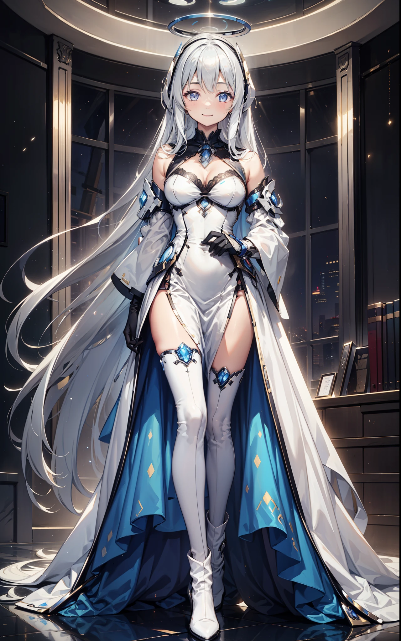 Sentinel of the Celestial Realm，Elegant and charming，charm，in love，(Fantasy world transparent white clothes)，Black gloves，Silver Hair，Smile，Blue Eyes，Intricate Outfits ，armor，Different tone decoration，Exquisite hair accessories，Transparent lace，Sky blue pattern，Light stripes，Dress nicely，indoor，night，Engraved suspender boots，Super super details，Holy Mist，Wearing mecha，Light Particles， Delicate Beautiful Eyes and Faces，armor