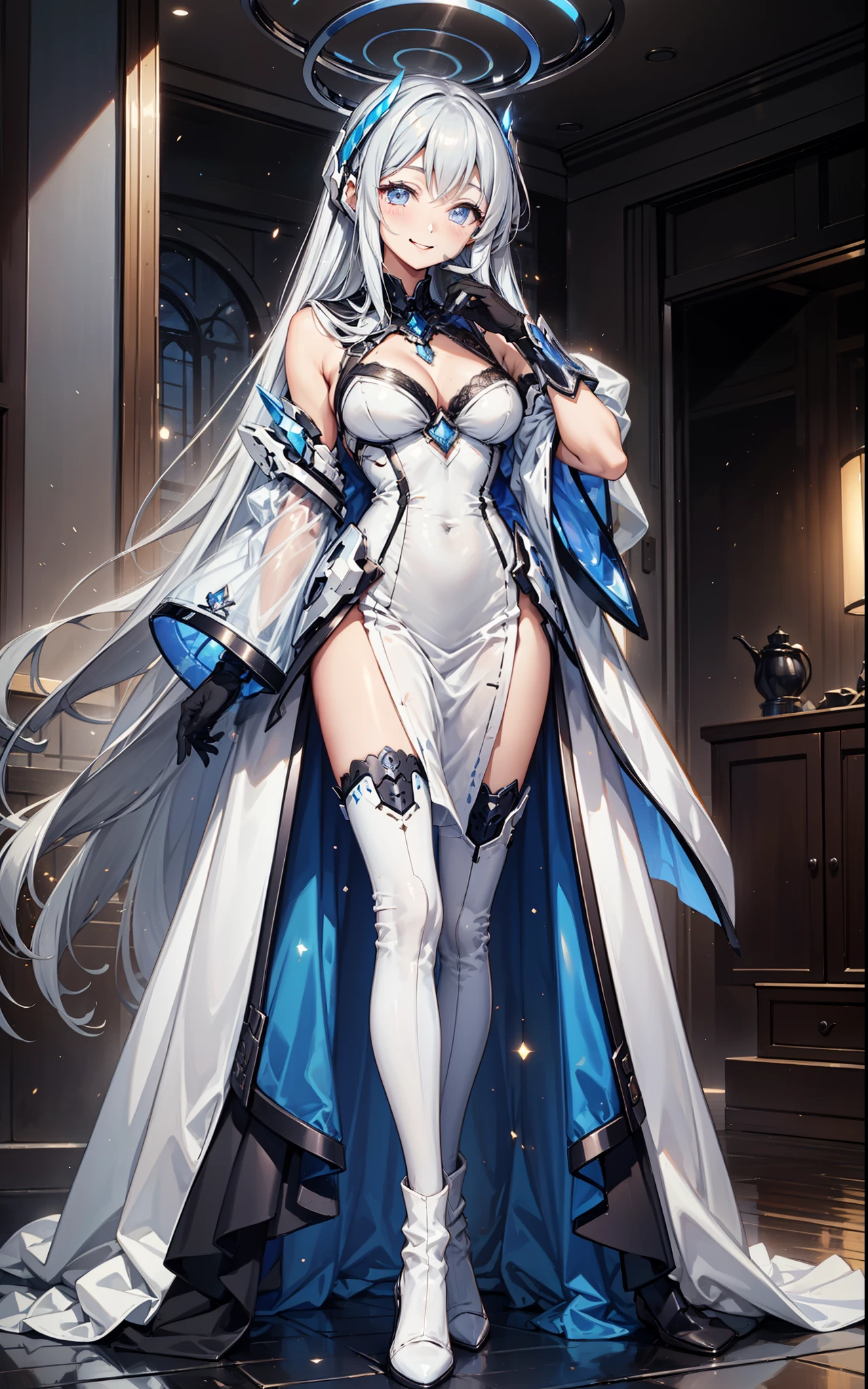 Sentinel of the Celestial Realm，Elegant and charming，charm，in love，(Fantasy world transparent white clothes)，Black gloves，Silver Hair，Smile，Blue Eyes，Intricate Outfits ，armor，Different tone decoration，Exquisite hair accessories，Transparent lace，Sky blue pattern，Light stripes，Dress nicely，indoor，night，Engraved suspender boots，Super super details，Holy Mist，Wearing mecha，Light Particles， Delicate Beautiful Eyes and Faces，armor