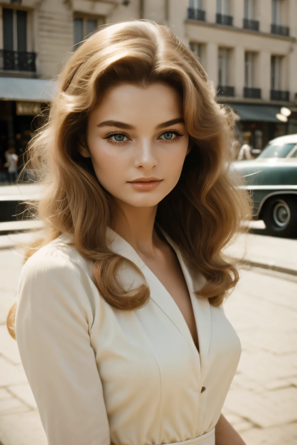 Film still, 1girl, very beautiful supermodel face, dreamy angelic face, 1960 blowout half tied wavy Hair, 1960 fashion, 1960 makeup, highlighted Hair, pale skin, paris outdoor, rich girl