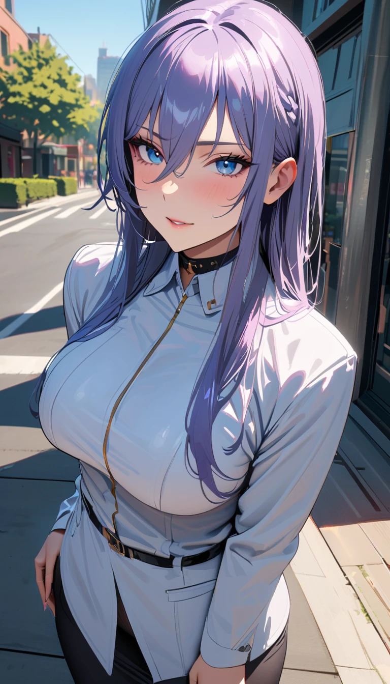 Long purple hair,bigbreast,thicc tigh,wide hips,white shirt,black bra,micro_skirt,cleaveage,open cleaveage,tanned skin,gyaru,look at viewer,lewd face,teasing,standing,outdoor