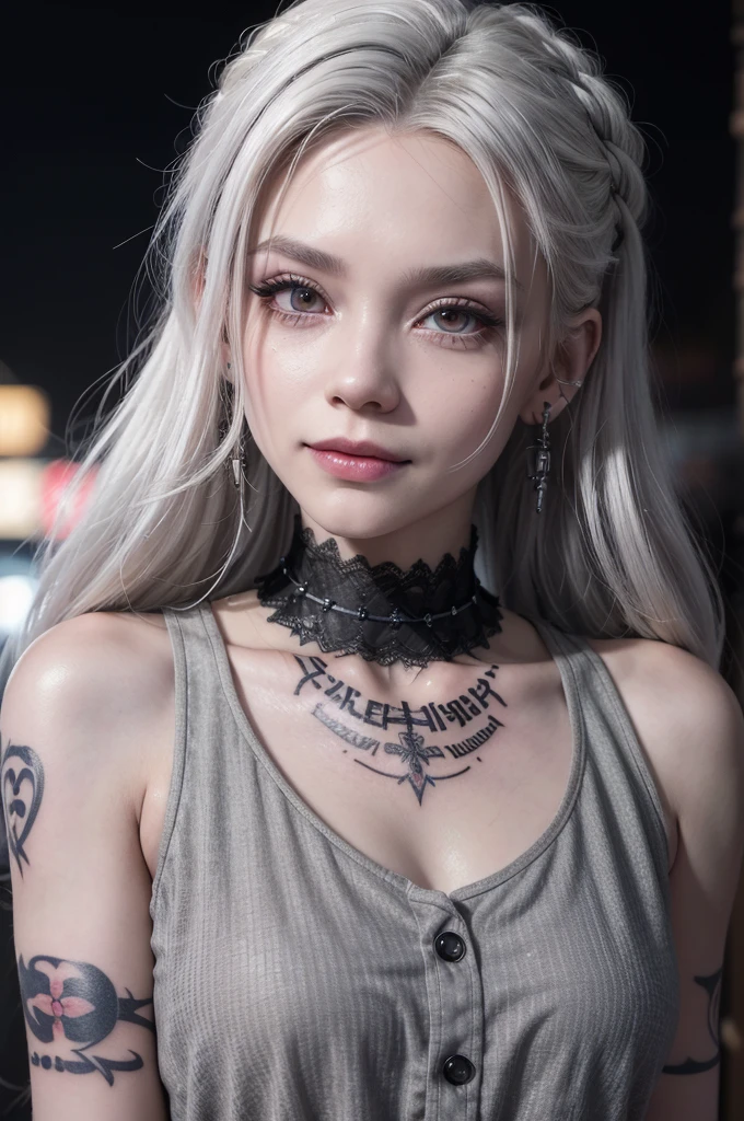 Tips for the first topic are as follows: quality, 8K, 32K, On a table:1.3), ultra - detailed, (realistically:1.4), white colors, albinism, punk girl, detailed eyes, Upper part of the body, Luxurious Punk Hairstyle, Avant-garde punk fashion, Avant-garde makeup, numerous piercings, There are a lot of tattoos, streets background, backlight effect, shallowdepthoffield, vague background"