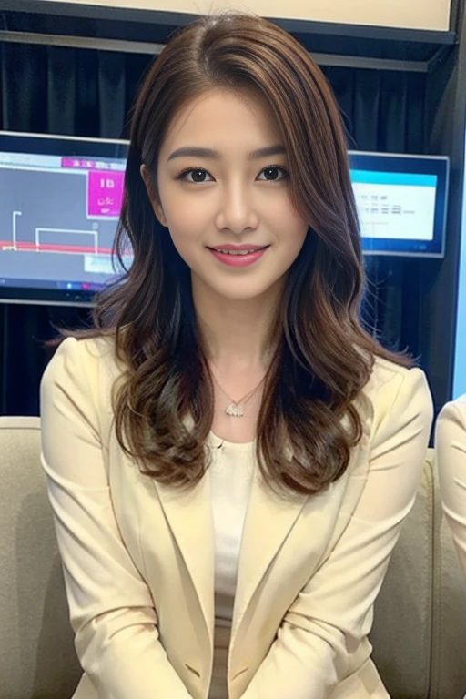 Beautiful young woman、 Brown Hair、Wavy Hair、Necklace around the neck、Office Lady Suits、Jacket、Unbuttoned shirt、Flashy makeup、smile、Laughing with your mouth open、Intricate details, Very detailed:1.2), 、 Looking into the camera,The background is the office、Necklace around the neck、Dark eyeliner、ear piercing
