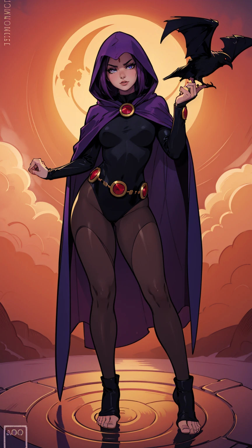 ((photo by full body, standing, Feet on the ground))illustration of Raven from DC Comics, 1 girl, Raven, high collar, collant preto, black cloack, hooded cloak, cabelo roxo, testa jeauel, purples eyes, shorth hair, waist belt, stretched skin, standing, neckleace, toned, pose, natta , moonlights, ((posando)), motion lines, trunk, trunk, portraite, b&au. contour, in anime tarot card art style, chic, glamorous, reflection, Glow Up, shadowing, pantyhose 40 dinier, mic, dynamic angle