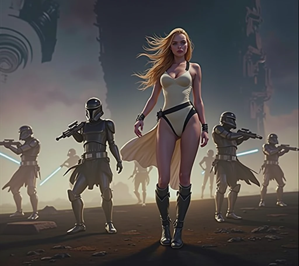 Star Wars, Storm troopers are attacking a coven of lesbian witches (plain robes, nude underneath) in a stone archaic fortress on a remote jungle world