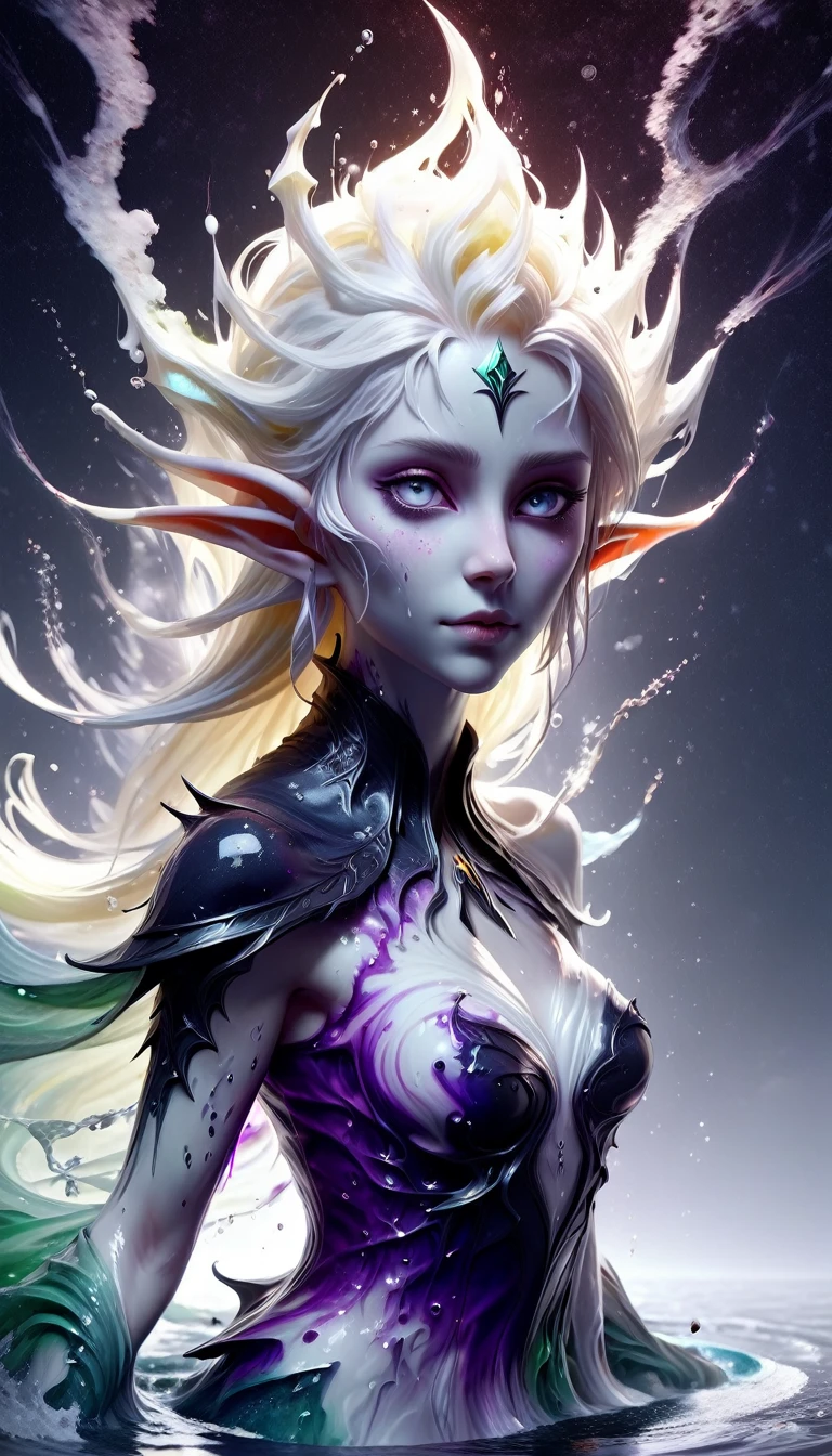 a portrait of a elf girl with freckles and bright striking blue eyes posing for a photo full body shot, bare shoulders, muscular, fit, defined abs, thongs, (prominent cameltoe) white freckles, long flowing green hair flying, glowing radiance, beautiful pale makeup, color portrait, stunning portrait, elegant freckles, wearing black thongs with glowing runes of power, black gloves, star-shine, gold dust spread across her skin and her face, (dark, hyper-realistic photos (((portrait))) refraction ,Dark background of magical night forest, deep woods, towering ruins, starlight skies