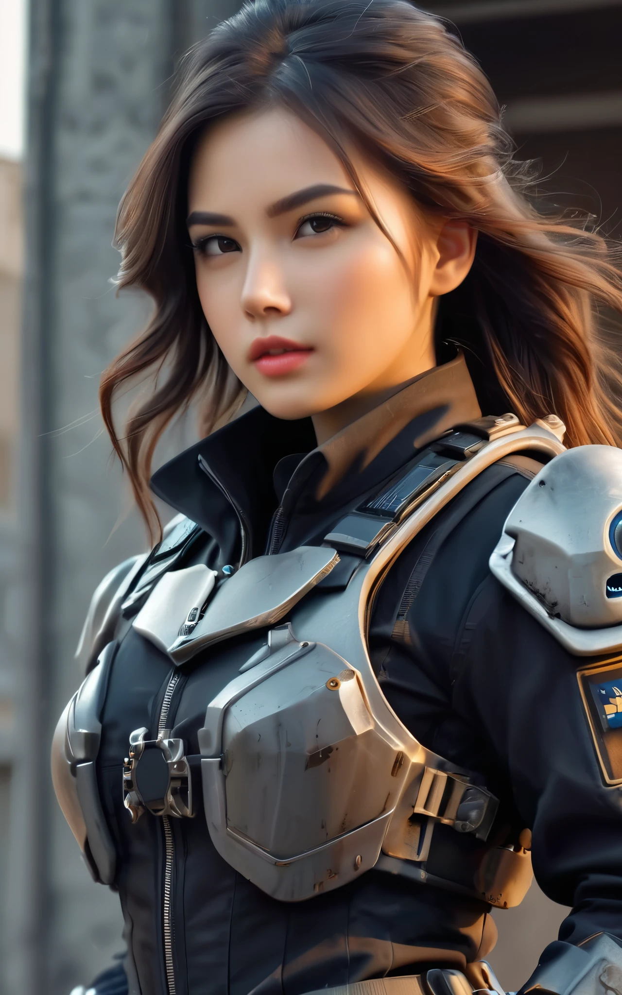 8K, ARTISTIC (Highest image quality, outstanding details, ultra-high resolution, realism), highly condensed 1 beautiful girl, with a delicate and beautiful face, ((cowboy shot)), (a bit chubby:0.4), (wearing black racing suit likes police uniform, black and grey mecha, wearing military harness, holding a machinegun), background simple grey concrete, Photorealization
