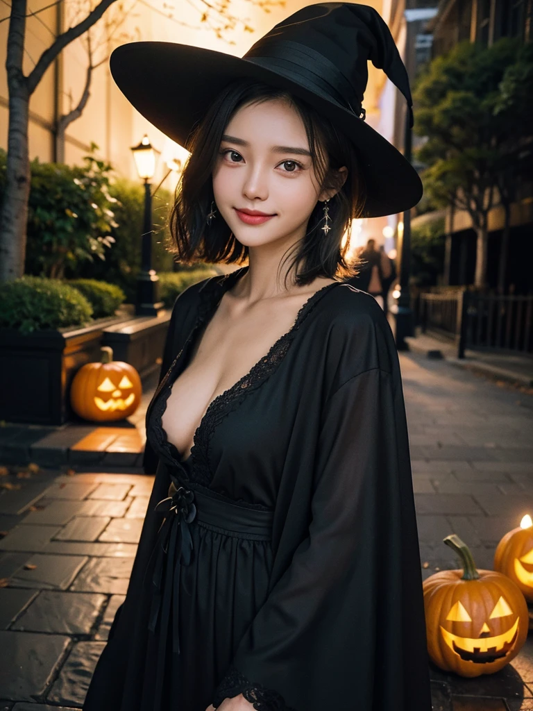 1girl in, A Japanese Lady, 15yo student, Colossal tits, fullmoon, halloween art style, cat witch, Purple cloak, Lineless, Flat Vector Art, Halloween Costume Style, But fascinating, Black cat, orange cat, the witch, Black cat, Spooky Halloween Night, 电影灯光,Lightning,lightning bolt, Shibuya at night,Halloween Costume Party,
