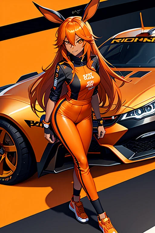 anime, 1 girl, alone, long orange hair, messy hair, split ponytail, hair over eyes, ahoge, brown eyes, smiling, outdoor, tracksuit jacket, yoga, big chest and huge thighs slim belly, Perfect sensual body