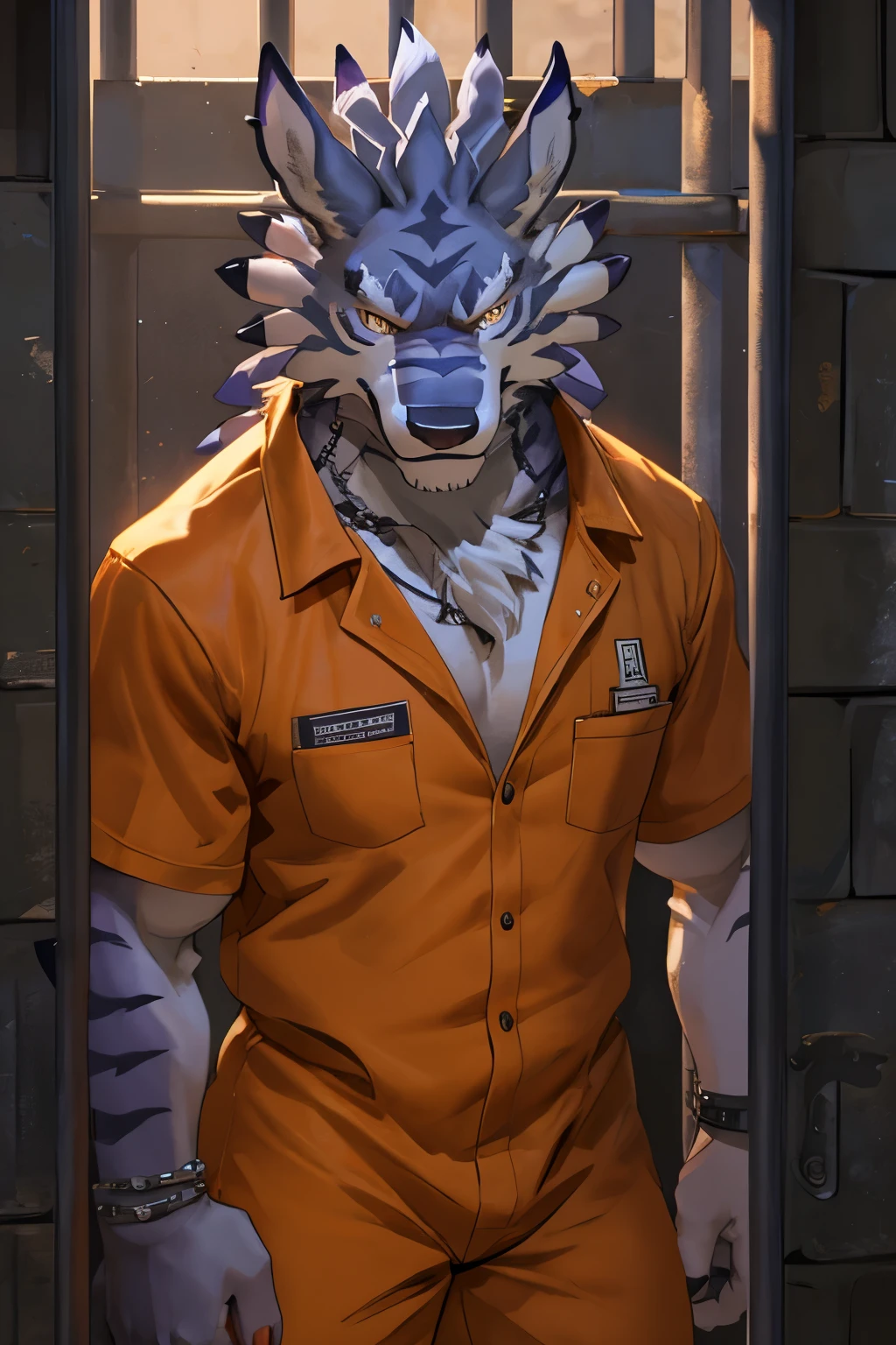 A strong werewolf with a hideous expression,Standing inside the prison,Pull firmly open the iron railing in front of you。(Powerful and realistic graphics)