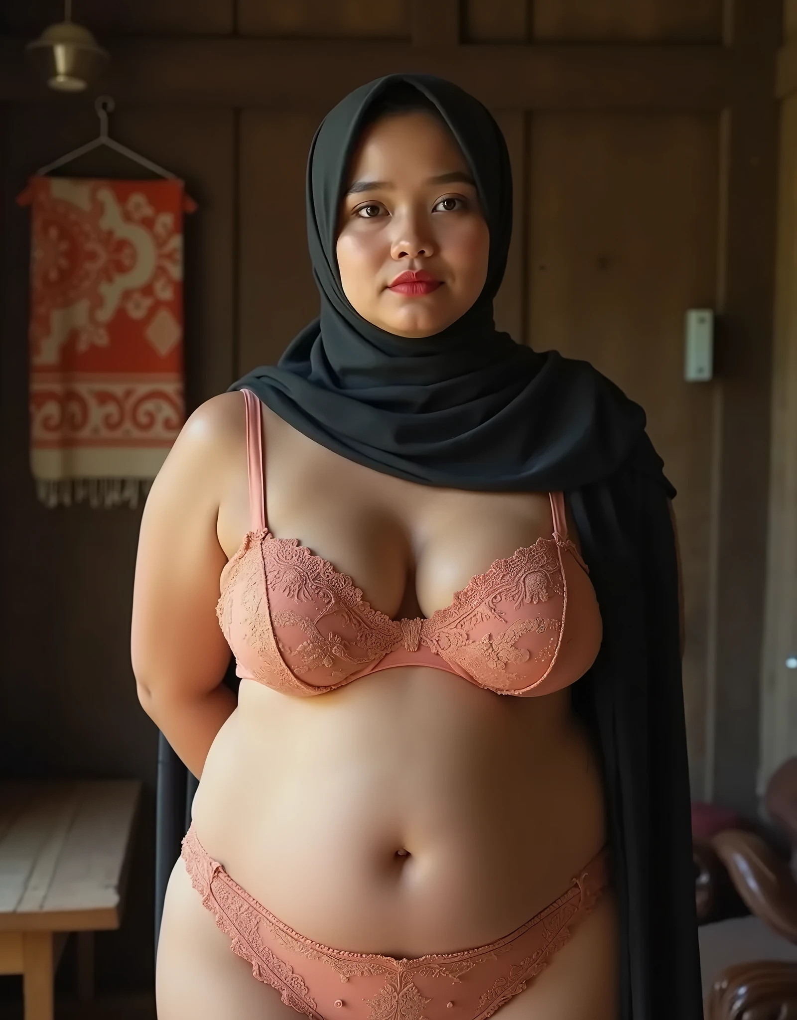 ((Chubby)), ((Straddling)), "Naked Lingerie Bra" ((Hijab Stylish)), (Malaysia female), age 15 years old, 8K, photottorialism, G-String, ((YELLOW LIPSTICK))