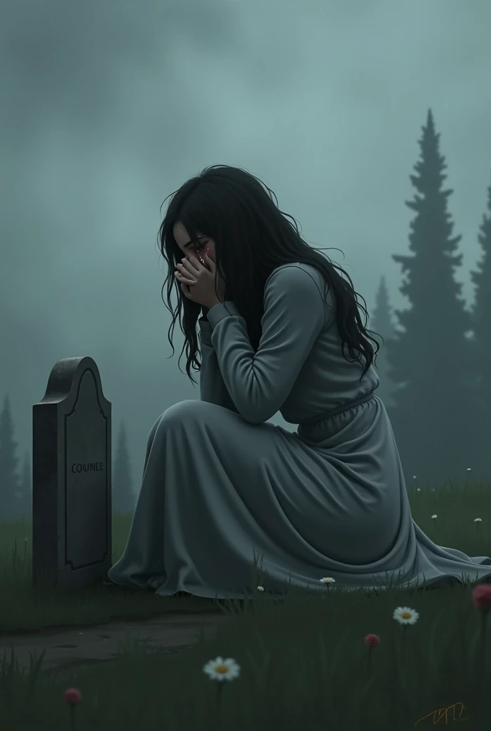 A realistic watercolor illustration features a melancholic  with long, unkempt black hair falling over her shoulders. Her large, sorrowful eyes, filled with deep sadness, dominate her round face. The girl is seated on a tombstone in the middle of a desolate cemetery, hugging her knees tightly to her chest. She wears a worn, tattered dress from the early 20th century, adding to the sense of abandonment and despair. Surrounding her, the cemetery stretches out with rows of weathered gravestones fading into the misty distance. In the background, a gothic-style church looms, its spires reaching up towards a gloomy sky. The scene is rendered with soft, muted colors typical of watercolor, where the dark greens and grays of the cemetery contrast with the pale, almost ghostly appearance of the girl. The overall atmosphere is one of desolation and mystery, capturing the haunting solitude of the setting.