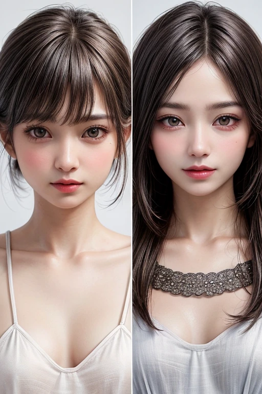 Closeup of an Asian woman with long black hair, grayish blue eyes, thin face, pale skin pastel pink, South Korean popular makeup, freckles on the cheeks, small scar on the eyebrow