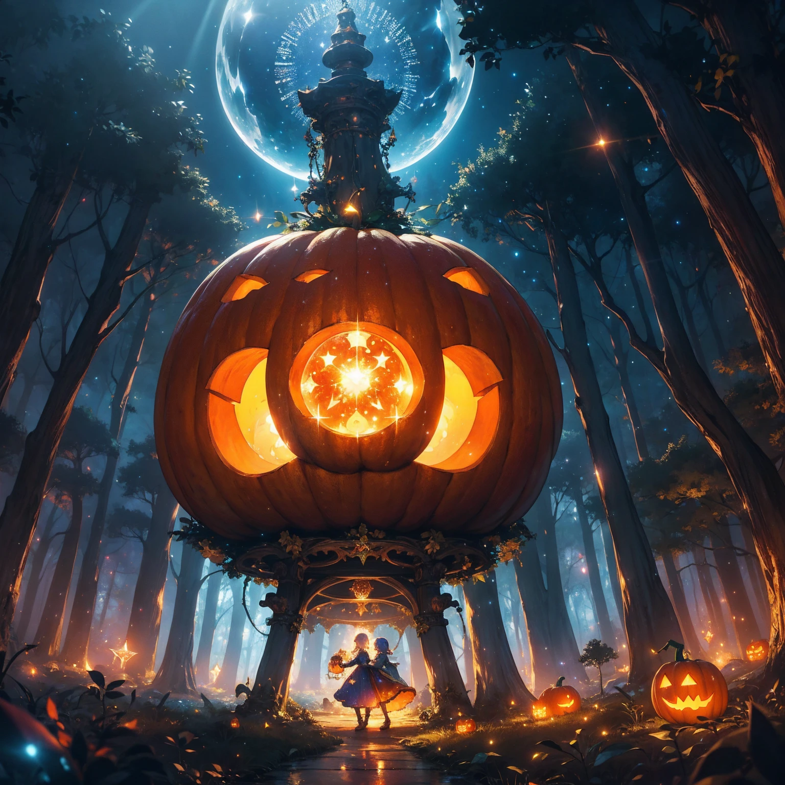 Magical Forest ,  It's a very elaborate and fantastic pumpkin in、 glowing mystical circles and sparkling light particles are dancing on a very elaborate and fantastic pumpkin in,  super real, 8k, Realistic, masterpiece, Vibrant colors,  dramatic lighting ,  Cinematic Composition , Mysterious atmosphere