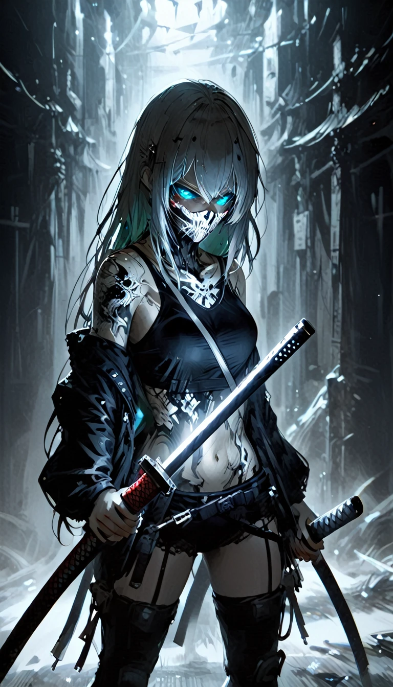 not Ashley Wood style，1 girl,Design de Personagens e Doomsday，holding a katana 