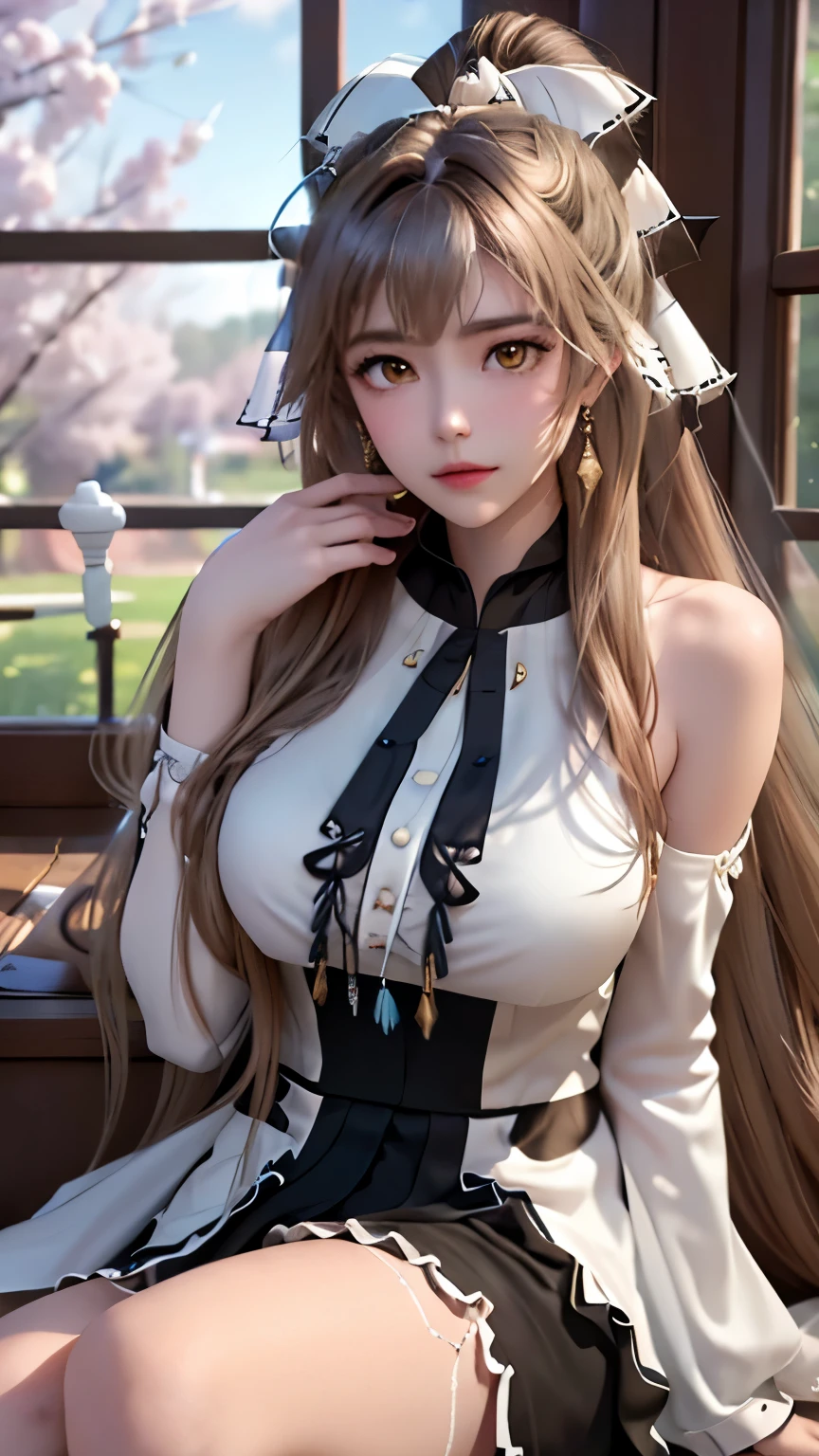 Landscape of an woman, Landscape of a very beautiful woman, (((fullbody shot))), ((Exposed Eyes))!!, photography with Fujifilm XT3, depth of field, film grain, female focus, exposed eyes, sento isuzu/(amagi brilliant park/), anime style, (leaning sideaways at wall beside window), cherry blossom, window, There are birds in the sky, The sky is blue, river outside the room, looks at the camera with Beautiful yellow pupil's eyes,  (Beautiful yellow pupil's eyes like topaz :1.40)!!, (((homochromatic eyes)))!!!, Stars in her fixed eyes, Ultra detailed eyes, sharp eyes, seductive smile, (Blush)!!, Perfect nose, Cute little nose, Earrings, beatiful face, Face Clean, Skin, hyper realistic, Incredibly detailed face, hyper detailed face, A face with a lot of detail, Perfect eye shadow, wink, Hyper-Detailed Eyes, Hyper-detailing of eyebrows, Hyper-detailed eyelashes, golden brown hair bangs, (ultra shine golden brown hair)!!, (smooth long straight hair with single tassel)!!, (white tassel)!!, (ponytail hairstyle)!! ((dynamic composition)), ((((wear modest, closed clothing))))!!!,  (((shoulders is covered with dress sleeves)))!!!, (((armpit is covered with dress sleeve)))!!!, (((dress sleeves)))!, (((Wear black long dress with high neck line)))!!!, (Black long dress with lace detail)!!, blue line at gown, detailed realistic clothes, (((neck garter with blue gemstone)))!!!, medium breasts, (Breasts is covered)!!,  charming pose, Best Quality, Masterpiece, Ultra-detailed, Beautiful, hight resolution, Original, CG 8K, perfect photo, dramatic  lighting, (Realistic) Realistic, Full HD, Best Quality, Best Quality, Beautiful lighting, (8k wallpaper of extremely detailed CG unit), High Details, sharp-focus, The art of dramatic and photorealistic painting, (leaning sideaways at wall beside window), look viewer, cherry blossom, window, There are birds in the sky, The sky is blue, river outside the room, dynamic composition, 