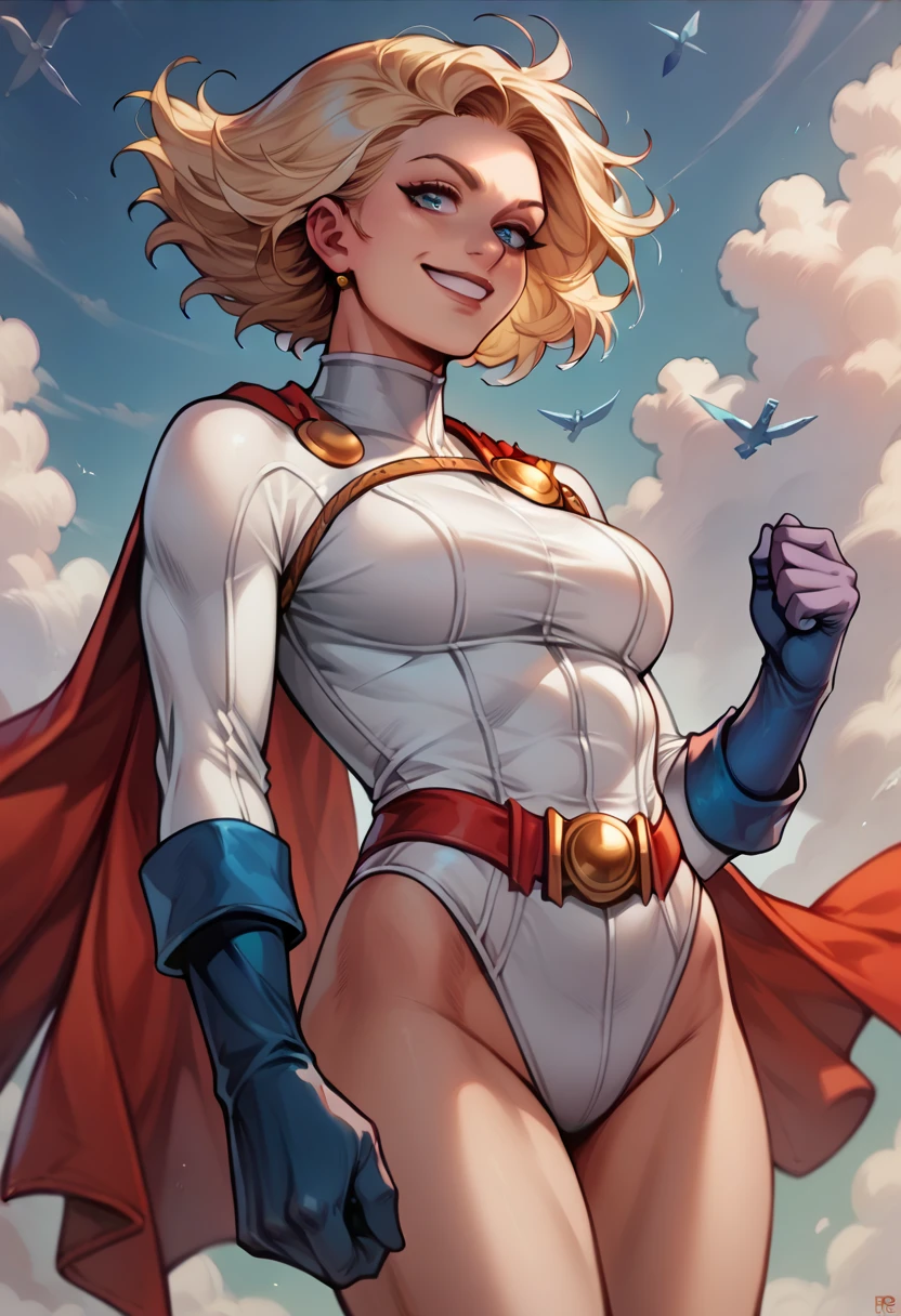 The character Power Girl, perfect costume, smooth curves, blond hair, perfect blue eyes, beautiful smile, flying in the sky (atirando raios Leizer pelos olhos)