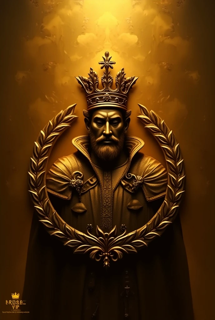 a golden king on a matte black background with a gold border around, with a decorative intricate border around, matte gold leaf, very highly detailed digital art, a 3D render, international typographic style 16K <lora:GoldyBlack_v1.0:1>