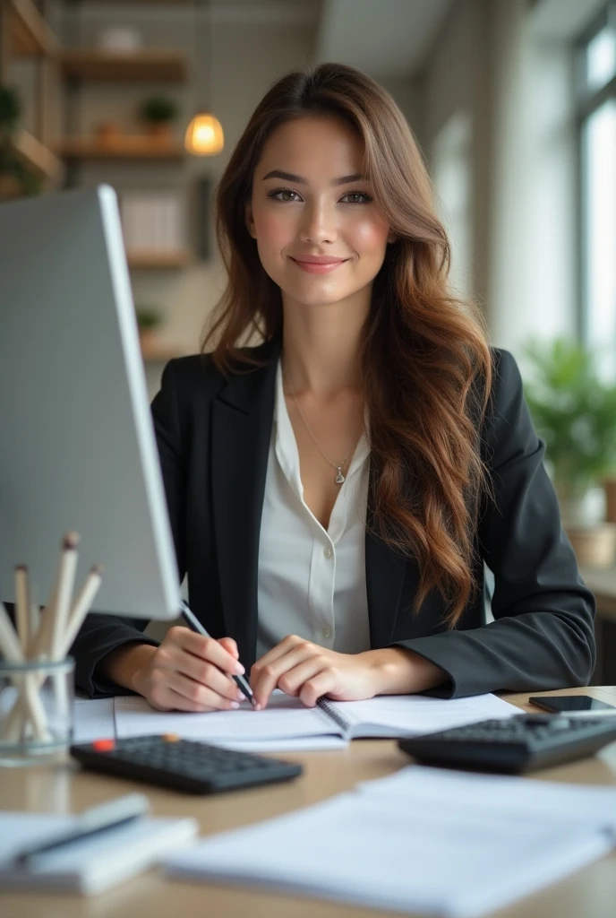 1 white woman short stature((portrait of upper body image, smile expression, white skin , wavy hair in black color and black eyes, dressed in office clothes, with long black social pants and long sleeved social shirt in light pink color, standing) , masterpiece, best quality, ultra-detailed, solo, in the living room, (day), (warm hue, cool tone: 1.2) cinematic light, ultra high resolution, RAW