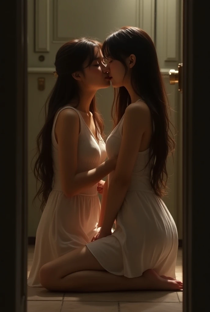 Two women passionately making out with each other inside the shower, they're wet, pinned against a wall, hugging tight, very passionate