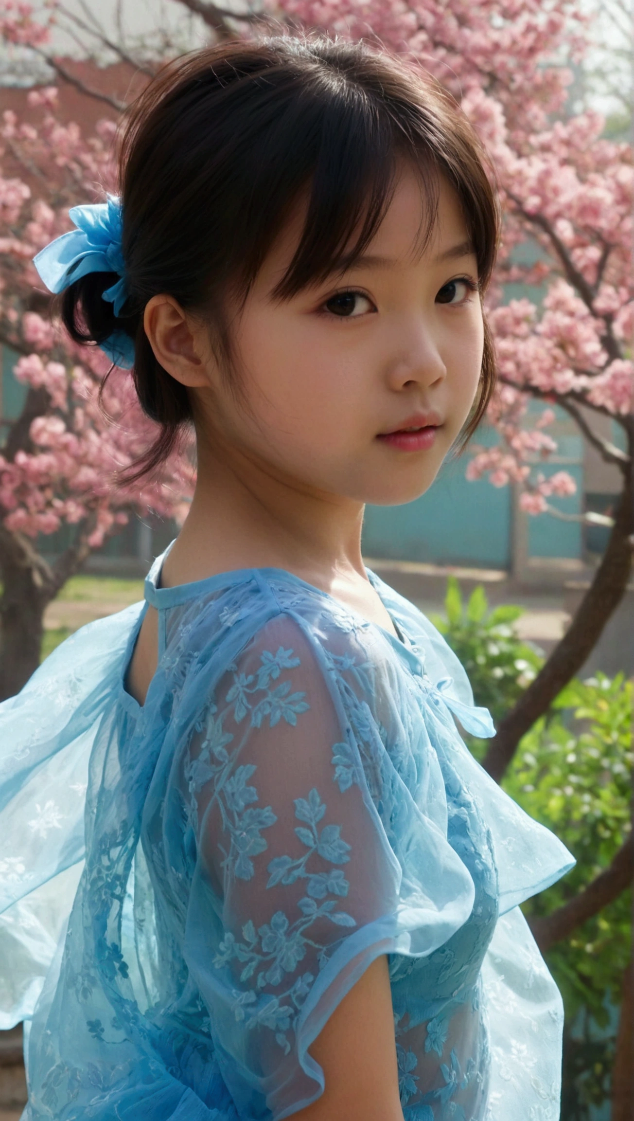 Prettiest asian girl, the cutest girl, sweet girl on the schoolyard, age 7 with beautiful small-budding breast, wear blue sheer fabric shirt that show off her beautiful body, sheer fabric, translucent clothes, relaxing, pale skin, juveniles physique, charming adolescents girl,  full-body, from the front, wind blows her skirt