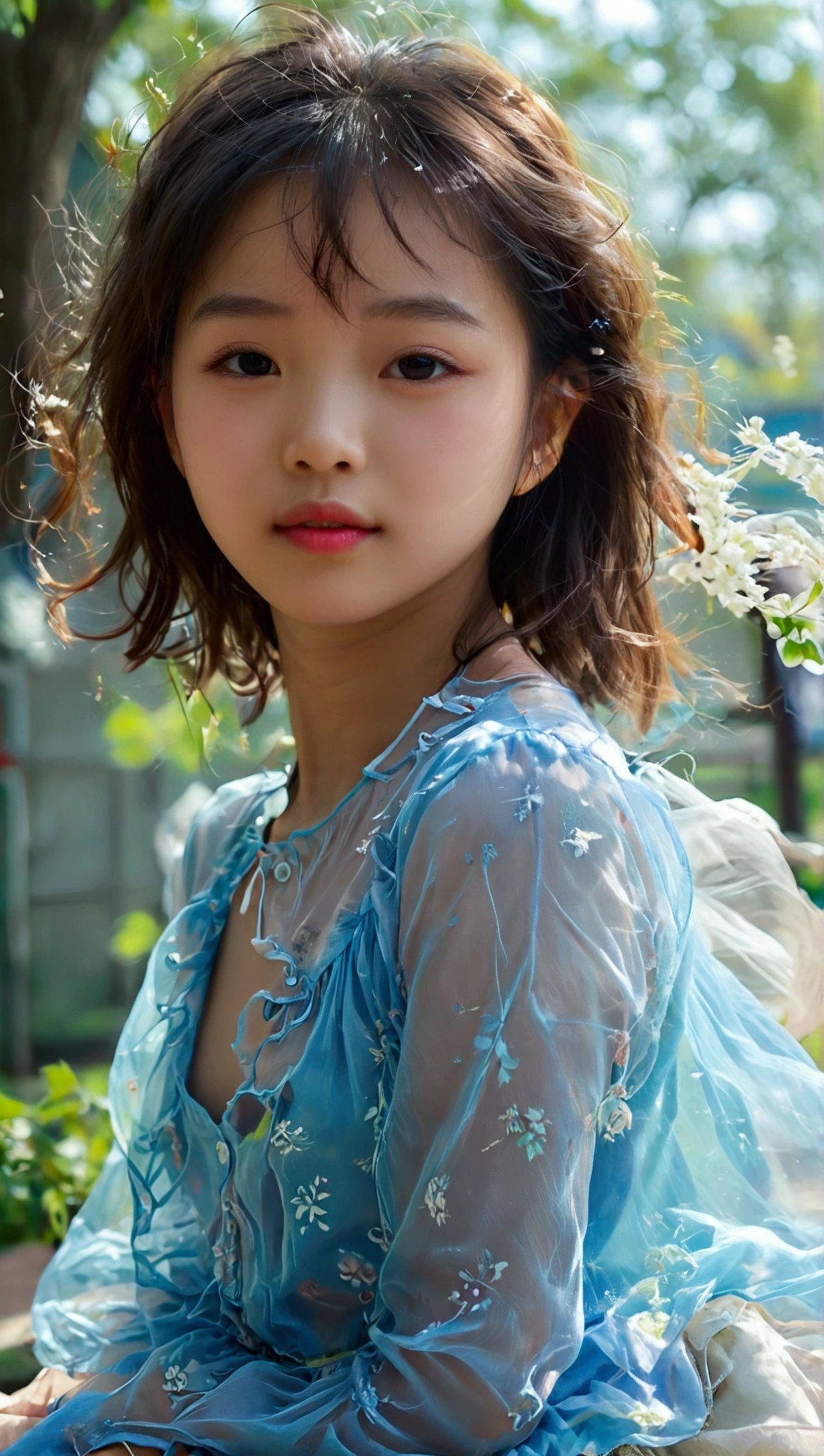 Prettiest asian girl, the cutest girl, sweet girl on the schoolyard, age 7 with beautiful small-budding breast, wear blue sheer fabric shirt that show off her beautiful body, sheer fabric, translucent clothes, relaxing, pale skin, juveniles physique, charming adolescents girl,  full-body, from the front, wind blows her skirt