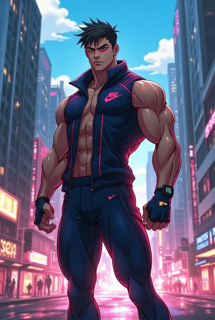 Highest image quality，Men，1 boy，Young and handsome，display，Short Flat Top Hairstyle，Dark Skin，Japanese cartoons，Anime Wallpaper，Solitary，Male focus，Panties，Chest muscle expansion，Crotch bulge，City background，Open your legs，Sexy,(masterpiece, best quality),Long white socks，leather shoes,Garter，CG sense，Dark atmosphere，8K,Movie lighting effects，Bulge