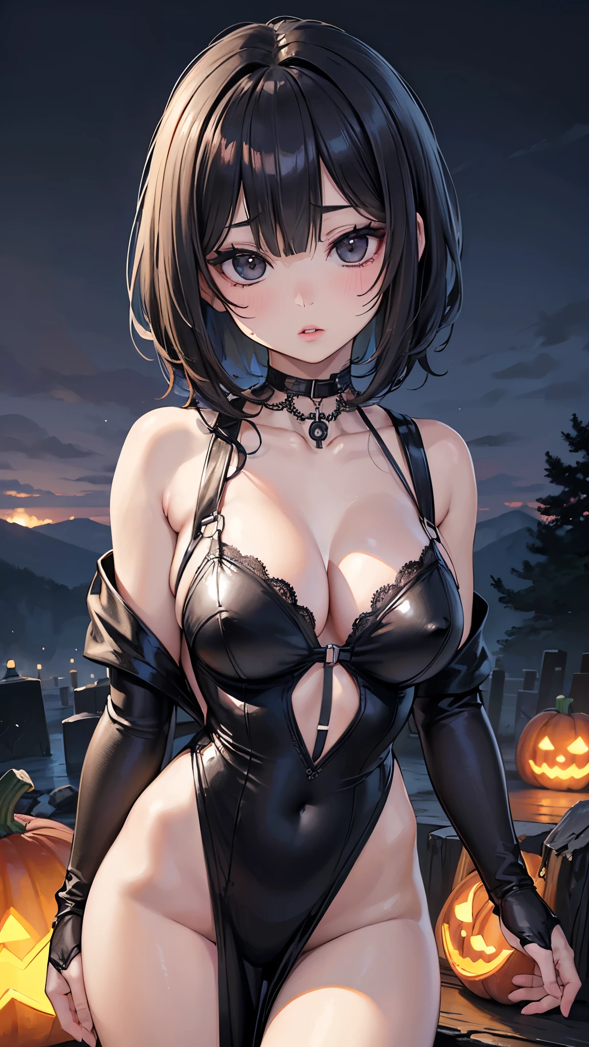 (masterpiece:1.3), (8k, Realistic, RAW Photo Best Quality: 1.4), Cute Japanese Woman:1.5, short hair:1.5、( Halloween Costumes :1.5)、Halloween party venue:1.5、( cleavage:1.5)、(Sexy Legs:1.5)、(( sexy pose with panties:1.5))、smile:1.2