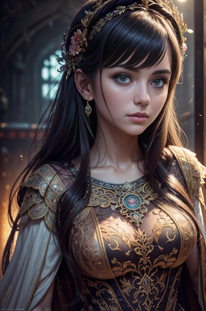 ultra insane high resolution intricate textures, texture indentation, perfect perspective, perfect geometry, there is a woman sitting at a table with a glass of wine in a medieval dimly-lit cozy tavern, at night, near fireplace, fantasy character photo, medieval warm mood, fantasy character portrait