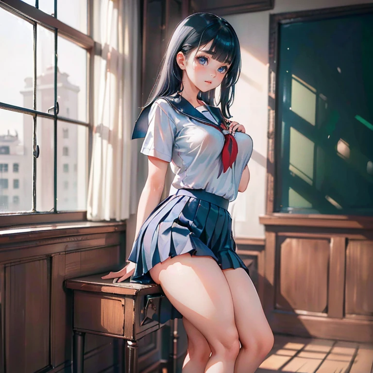 full body Waifu beautiful detailed eyes, beautiful detailed lips, extremely detailed eyes and face, longeyelashes, 1girl, sensual, young woman, sexy medium / large breasts, beautiful feminine face, nice sexy thighs, slim, sexy, erotic, beautiful fashion clothes, perfect body, perfect anatomy of female, cinematic lighting and framing, (best quality,4k,8k,highres,masterpiece:1.2),ultra-detailed,digital painting,portrait,glamorous,highly detailed,soft lighting, vivid color tones ((masterpiece)), ((best quality)), (ultra-detailed) (Best Quality,4K,8k,High resolution,masterpiece:1.2), Super detailed, 超High resolution, , Huge breasts, Large Breasts, Curvy, Black Hair (Tying up hair), (beautiful girl:1.8), Long Hair, uniform,(Double Peace Sign), (:1.3), (Show off your lower body), (Spread your legs wide), classroom, indoor, Bright Day, people々々full, (),(Plump thighs),(Wearing school uniform:1.8)),((Navy blue pleated skirt)),(Grin:0.6)、(Upper body only)，(Show off your thighs)､(Side angle:1.5)，(Shiny skin:1.5)