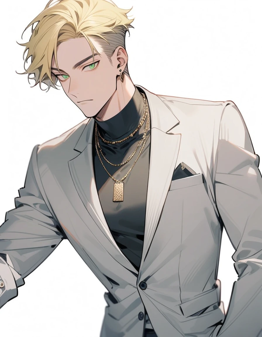 young boy, blonde hair, Bob hairstyle, blue eyes, black skintight clothes, Gold Chains, Cat's ears, Masterpiece, hiquality
