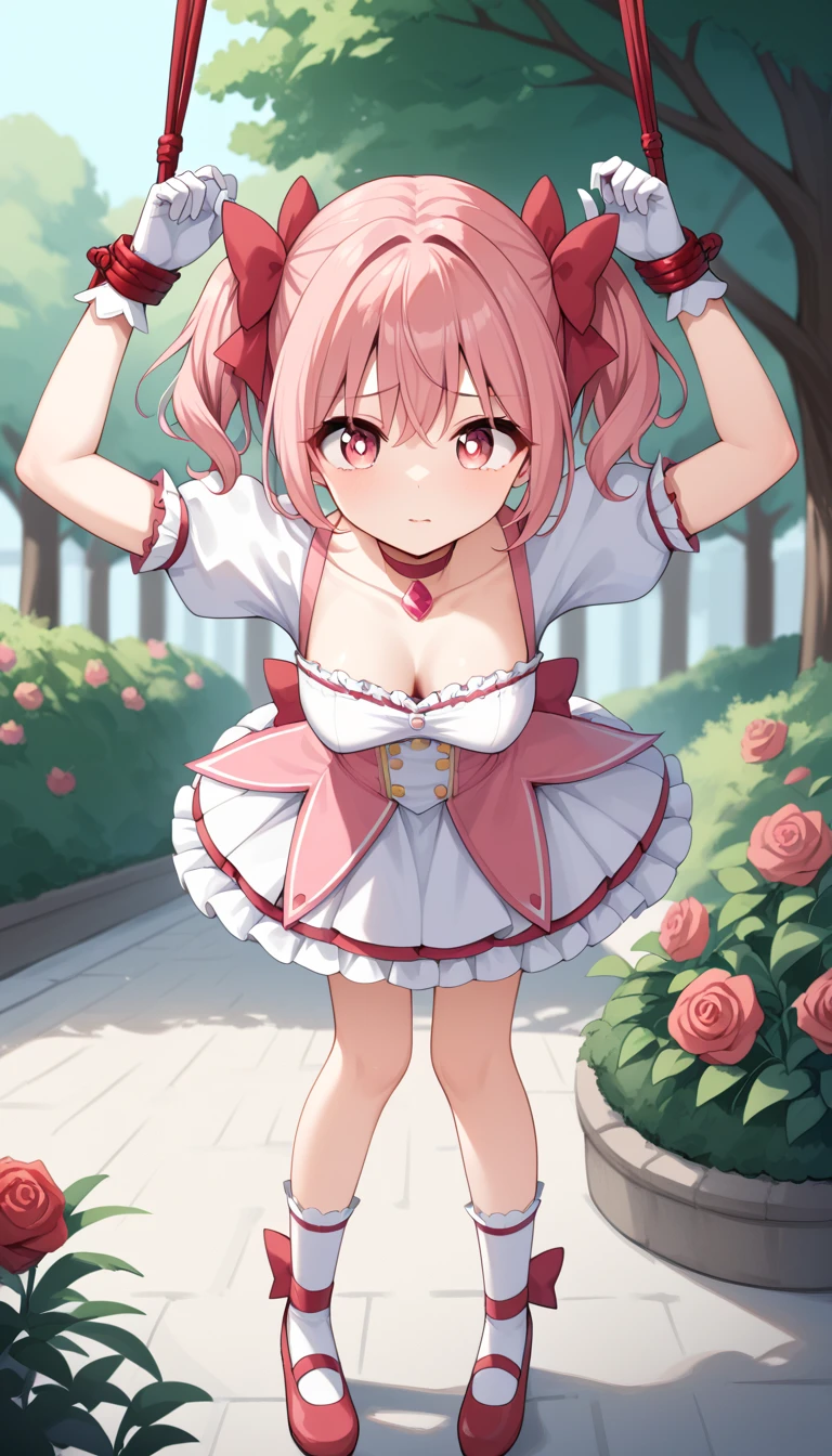 (masterpiece, best quality), 1girl, MadokaAi , pink hair, pink eyes, short hair, bangs, short twintails, ribbon, twintails, hair ribbon, hair bow, symbol-shaped pupils, red ribbon, pink bow, gloves, white gloves, frilled sleeves, collarbone, soul gem, skirt, dress, shoes, buttons, choker, socks, puffy sleeves, ribbon choker, red choker, puffy short sleeves, frills, choker, cosplay, rose, magical girl, bubble skirt, kaname madoka(middle breasts;1.4)(flower park :1.2)
(restrained hanging:1.5)