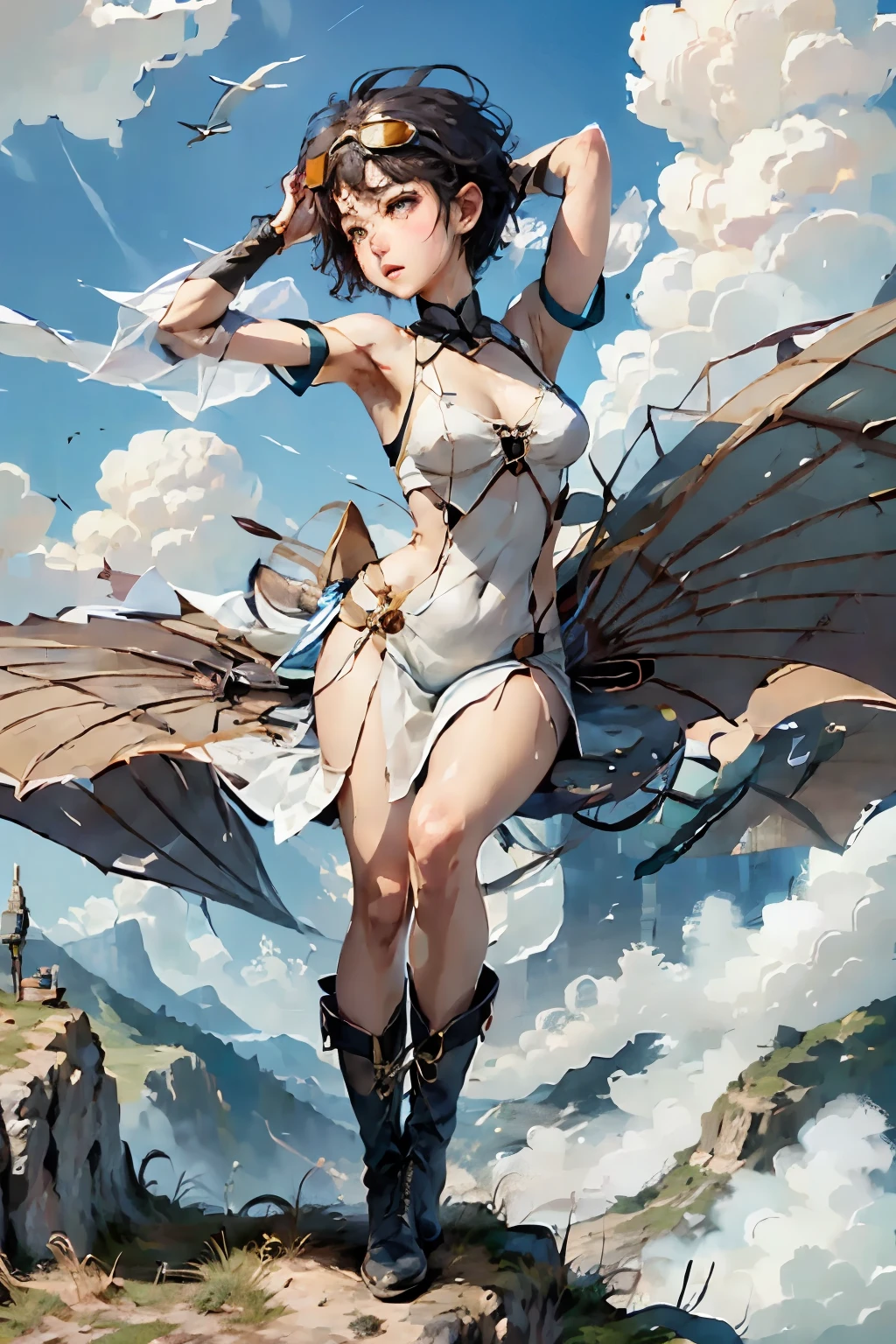  beautiful girls 、 fly in the sky on a glider in the shape of a bird's wing、Take off from a cliff 、Draw the shape of a glider and the figure of a girl accurately、Alone、 short cut hair where you fold your hands behind your head、(goggles)、boots、 blue sky and white clouds 、 see a rural cityscape below 、Detailed Description、 Dramatic Composition、Best Quality、  High Resolution  、masterpiece、wallpaper、8k、