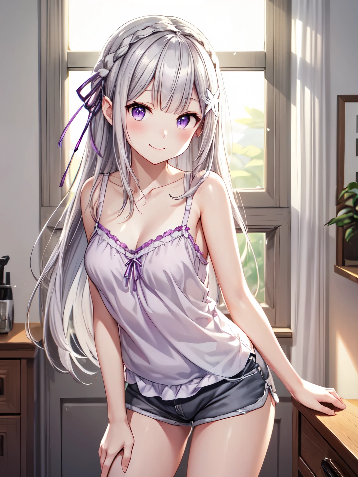 Super detailed,  High Resolution ,Emilia、whole body、smile、Emilia、indoor, bet（ anime illustration style）、Closed Mouth、smile、Beautiful silver hair 、 charming purple eyes 、Hair Ribbon、 1 girl, Alone, Long Hair, ( camisole、 shorts:1.5), Natural Light,  Soft Lighting , volume lighting ,, cowboy shot、Overall view、