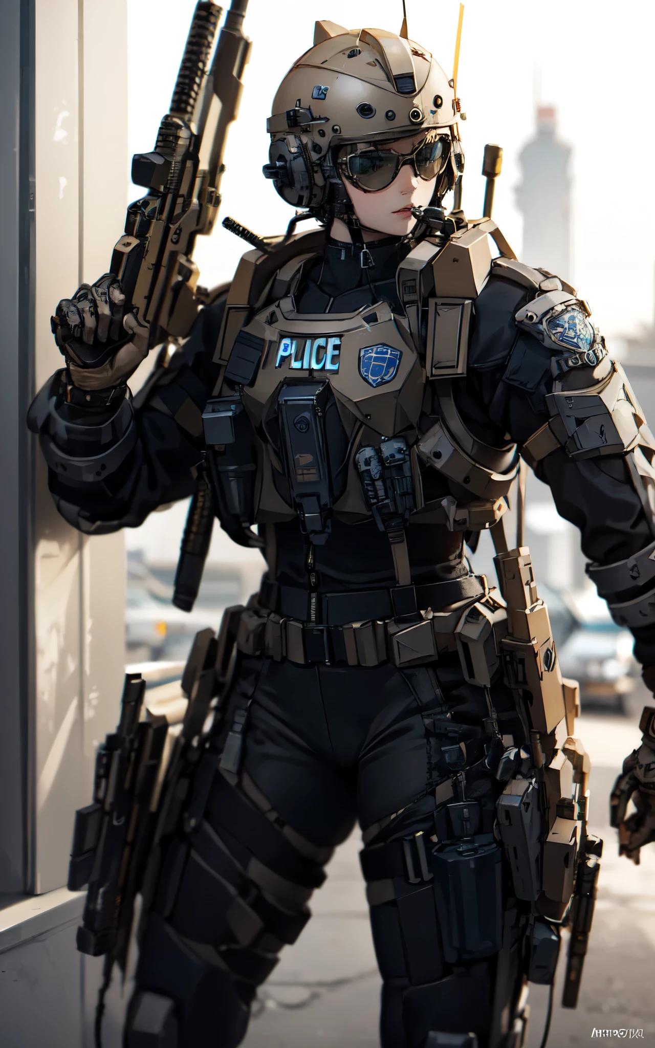 8K, ARTISTIC (Highest image quality, outstanding details, ultra-high resolution, realism), highly condensed 1 beautiful girl, with a delicate and beautiful face, ((cowboy shot)), (a bit chubby:0.4), (wearing black racing suit likes police uniform, black and grey mecha, wearing military harness, holding a machinegun), background simple grey concrete, Photorealization
