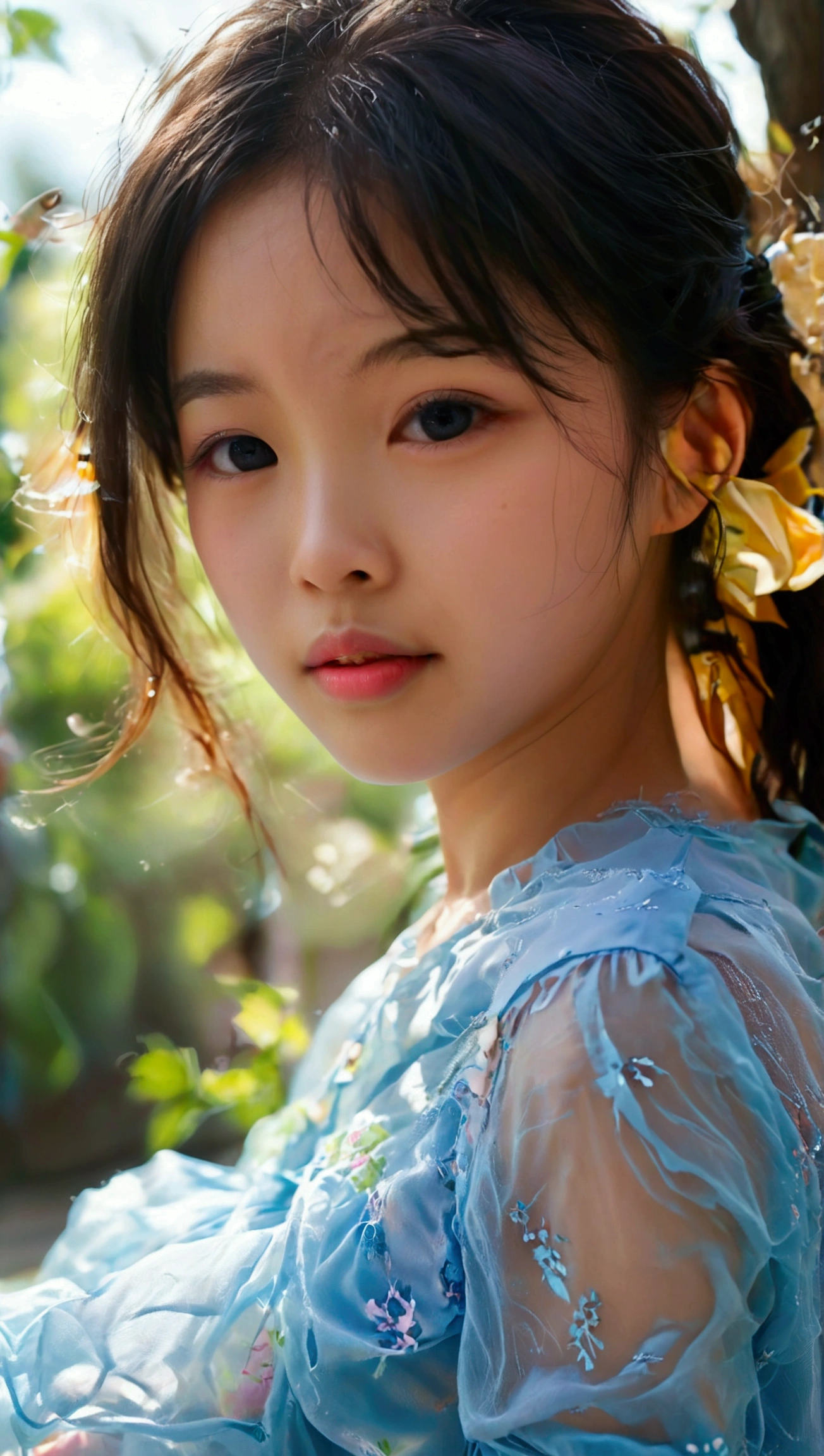 Prettiest asian girl, the cutest girl, sweet girl on the schoolyard, age 7 with small-budding breast, wear light-blue sheer fabric shirt that show off her beautiful body, sheer fabric, translucent clothes, relaxing, pale skin, juveniles physique, charming adolescents girl,  full-body, from the front, wind blows her skirt