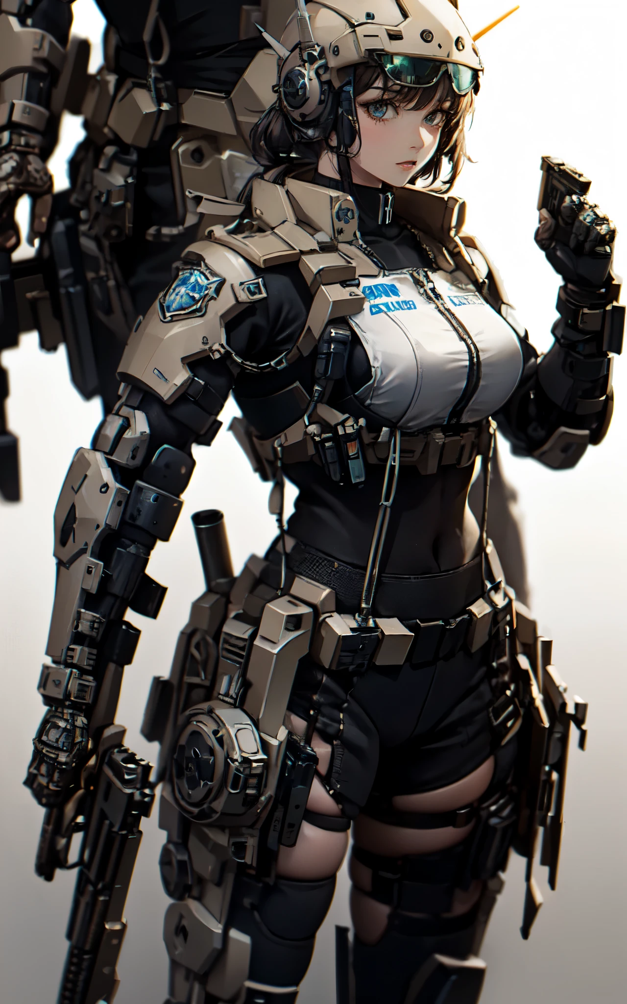 8K, ARTISTIC (Highest image quality, outstanding details, ultra-high resolution, realism), highly condensed 1 beautiful girl, with a delicate and beautiful face, ((cowboy shot)), (a bit chubby:0.4), (wearing black racing suit likes police uniform, black and grey mecha, wearing military harness, holding a machinegun), background simple grey concrete, Photorealization
