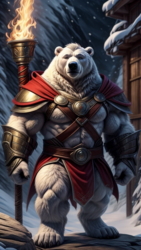 polar bear with a human body, wearing Thor's armor, holding a hammer with the colors of Norway. body with humanoid bear skin, representing Norway in allusion to animal superheroes