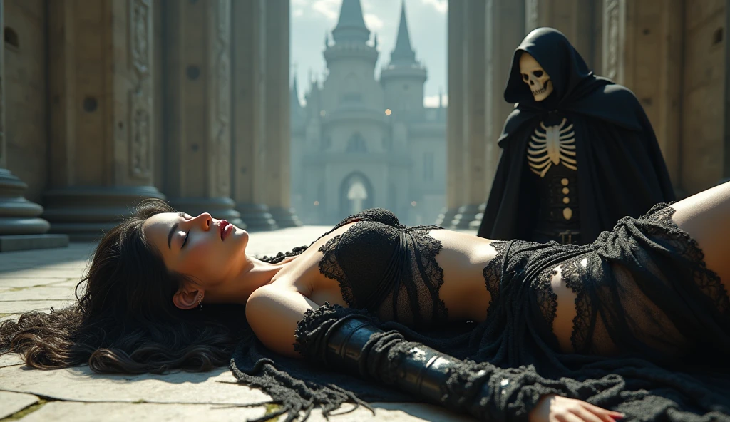 A sexy seductive dark vampire woman on a lounger on a beach, next to her the grim reaper who acts as her bodyguard