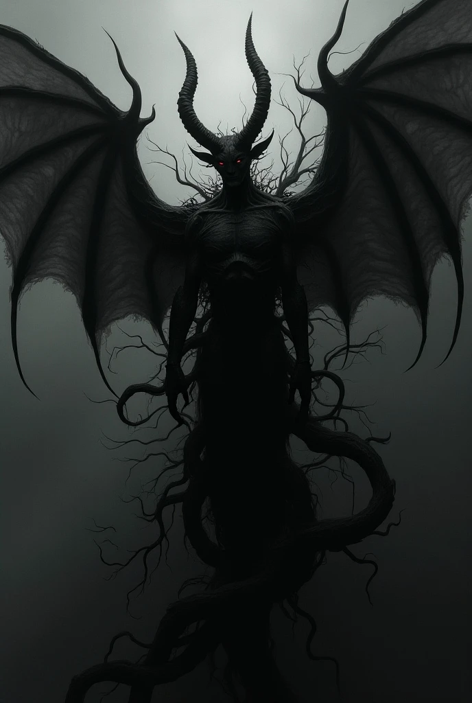 Generate a spooky image of Hametsu no Yasha, a yasha yokai that brings about destruction. Its design includes sharp, bone-like protrusions and mechanical wings in the style of HR Giger. The setting should be a dark, crumbling city or a shadowy, apocalyptic wasteland, highlighting its role as a harbinger of ruin.