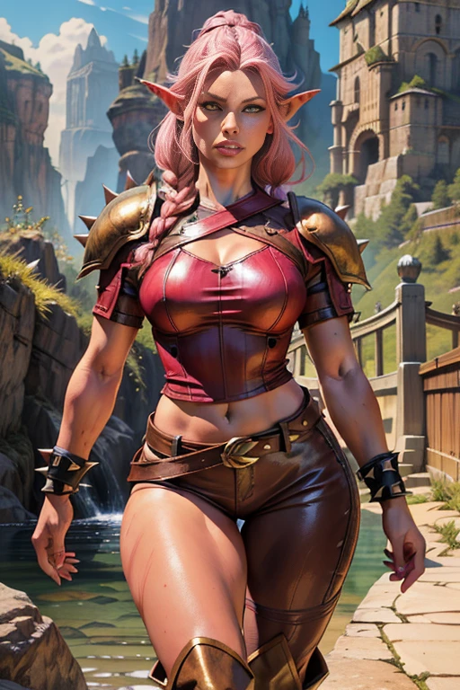 A large, pink-skinned ogre woman with long, gray braided hair, yellow eyes, small pointed ears, thin lips with small fangs, a round face, wearing a short leather shirt, metal shoulder pads, spiked bracelets on her wrists, large bust, wide hips, thick thighs, a belt with accessories, brown pants, knee-high leather boots, holding a large sword in a sheath, looking at the viewer, wooden bridge background, (best quality,4k,8k,highres,masterpiece:1.2),ultra-detailed,(realistic,photorealistic,photo-realistic:1.37),fantasy,digital painting,cinematic lighting,highly detailed face and features,dramatic lighting,vibrant colors,intricate details
