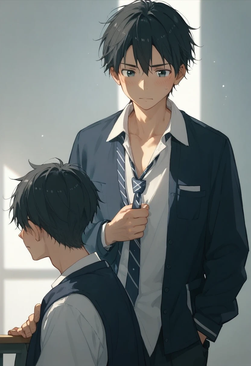 male、二人のmale、 high school student 、Student Uniform、slacks、Loose tie、whole body、 Black Hair 、Summer sunshine、male同士の濃厚なキスシーン、 Black Hair