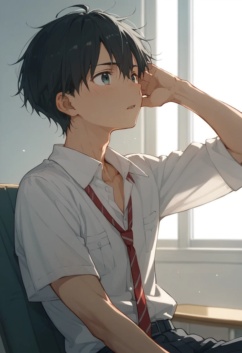 male、二人のmale、 high school student 、Student Uniform、slacks、Loose tie、whole body、 Black Hair 、Summer sunshine、male同士の濃厚なキスシーン、 Black Hair