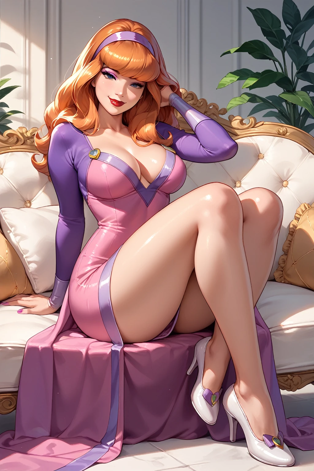 Daphne Blake,long hair,( hair covers one eye). sexy, smile, long hair ,  BIG BREASTS, red lipstick,  half-closed eyes , perfect face, beautiful legs, thick thighs,long and shiny pink dress with side slits, white high heel shoe ,  smile sensual,Alone. perfect anatomy . Full Legs. Sit elegantly on a sofa ,very elegant and sensual . vivid colors. detailed
