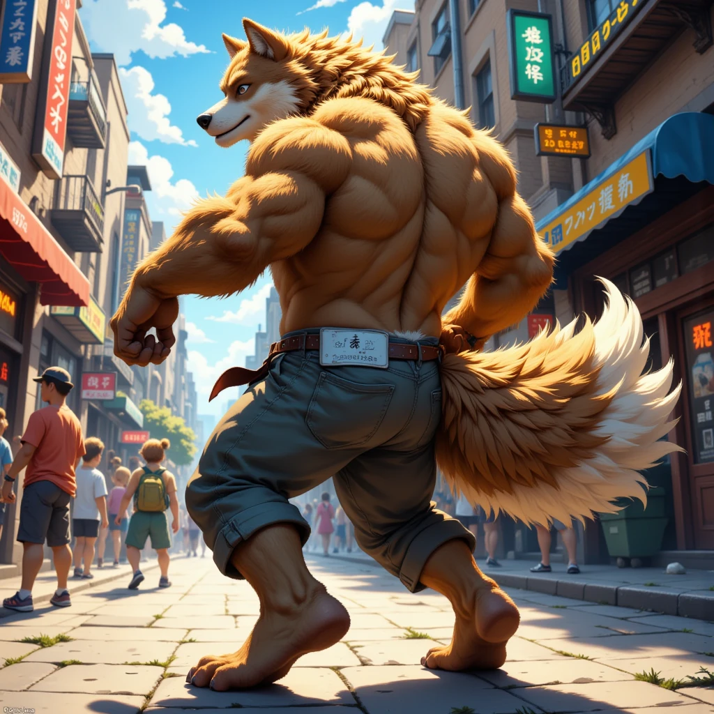 character focus, full body, looking away, back view, back focus, dynamic angle, street dancer, muscular middle-aged wolf man, happy, little smile, street fashion, jacket, pants, street dance, dancing, dynamic pose, standing, full body in Michelangelo Buonarroti style, digital illustration anime, housamo style, detailed painting landscape, afternoon, city scape, street, outdoor, full color, HDR, BREAK complete anatomy, perfect proportions, beautiful thigh gap, fluffy body, intricate fur details, beautiful fur texture, BREAK detailed wolf tail, detailed toe, 5toes, 5toes nails, beautiful foot, detailed hands, 5fingers, 5fingers nails, BREAK aesthetic anime face, insanity detailed face, male face, big face, square jawline, aesthetic anime eyes, detailed brown eyes, detailed brown cornea, detailed dark brown irises, detailed pupils, male eyes, big eyes, male eyebrows, innocent look, beautiful beard, BREAK masterpiece, official art, best quality, very aesthetic, absurdres, super fine illustration, great quality, BREAK noise reduction, very highres, large filesize, high quality, 32K, 8k wallpaper, dynamic lighting, BREAK insanity detailed, ultra detailed, intricate details, extremely detailed, detailed texture, an extremely delicate and beautiful, BREAK e621 illustration, osukemo, kemohomo, anthropomorphic, furry, cartoon, harmonious body, pastoral face, virtuous eyes, street atmosphere