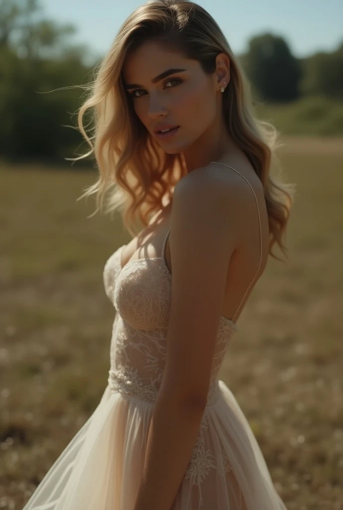 (Full body photo of one girl dressed as a bride in a white lace bralette and large transparent skirt and garter belt and stockings + Soft and delicate + sandy blonde hair)+(brightened light, realistic , Long straight sandy blonde hair + Bright and welcoming eyes)+(Flower bouquet+ gentle wind+ with blue sky and white clouds + walking down the wedding aisle),