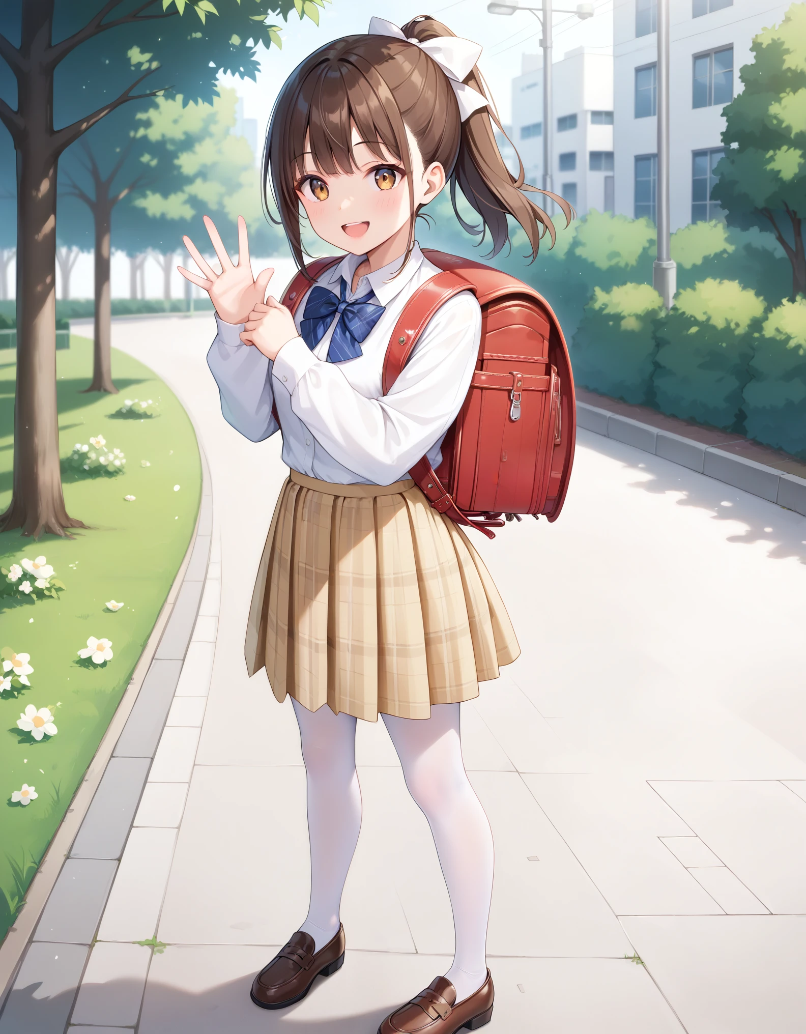 masterpiece, best quality, highly detailed, ultra high res, 1girl, smile, opened mouth, happy, brown hair, ponytail, hair ribbon, high school girl, wearing white collared shirt, blue bowtie, plaid skirt, blur plaid skirt, wearing white pantyhose, brown shoes, standing, fullbody, outdoor, park, wearing randoseru backpack, red backpack, from front, waving hands