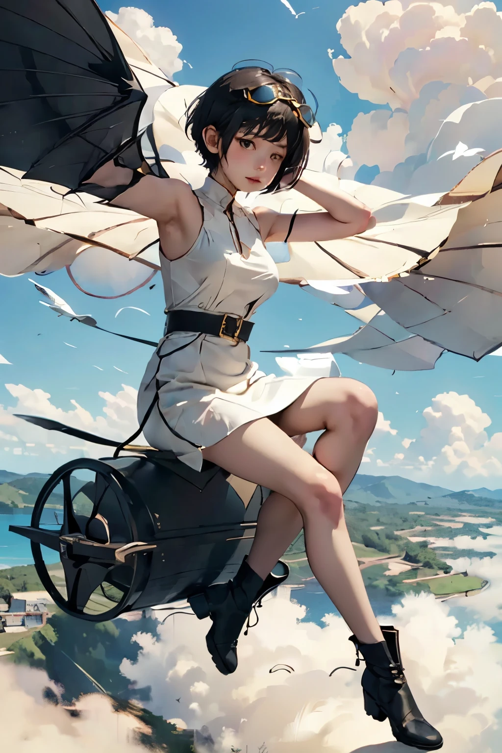  beautiful girls 、 fly in the sky on a glider in the shape of a bird's wing、Take off from a cliff 、Draw the shape of a glider and the figure of a girl accurately、Alone、 short cut hair where you fold your hands behind your head、(goggles)、boots、 blue sky and white clouds 、 see a rural cityscape below 、Detailed Description、 Dramatic Composition、Best Quality、  High Resolution  、masterpiece、wallpaper、8k、