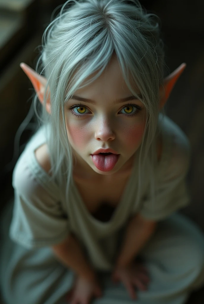 Close-up of a caricature of a woman with very large breasts, Elf, Elfpunk, Goblin character, female goblin portrait, a elf portrait, elf portrait, she has elven ears and golden eyes, Show tongue, female elf, (((insane))) Elven princess, loish and splash, A cunning expression, teen Elf