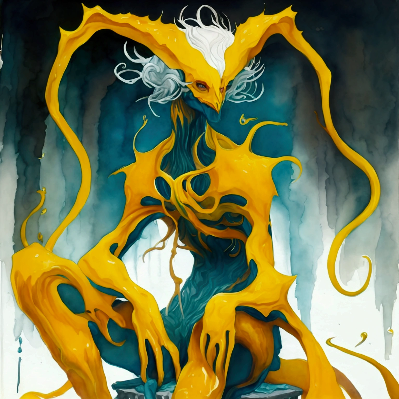 masterpiece art of Hastur, non-binary humanoid eldritch being, many yellow tentacles protruding from their back, glowing yellow eyes, full body shot, nude, sitting casually on their throne, (watercolor), high resolution, intricate details, 4k, wallpaper, concept art, watercolor on textured paper, natural beauty
